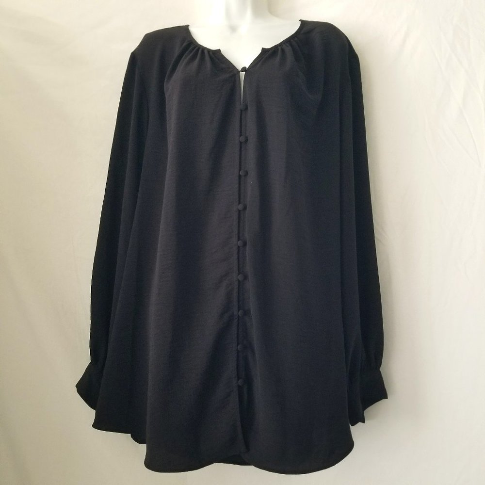 Nine West Womens 3X Black Long Balloon Sleeve Button Up V-Neck Tunic Top Blouse